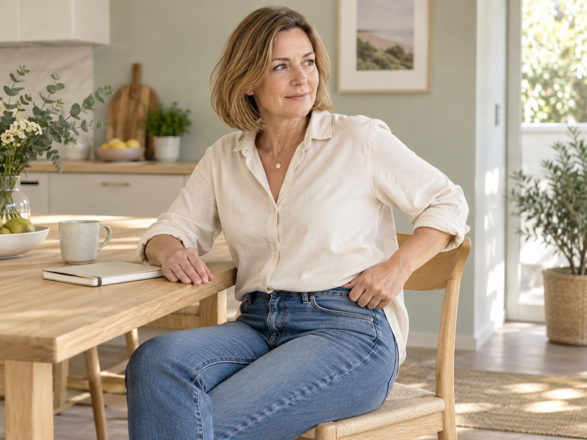 Frau in Jeans an einem hellen Küchentisch