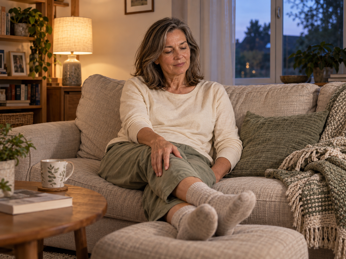Frau entspannt am Abend auf einem Sofa