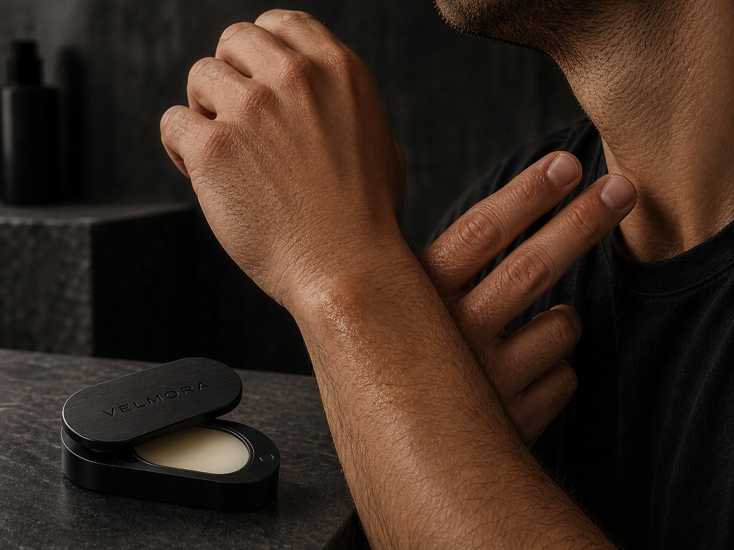 Main masculine appliquant le parfum solide