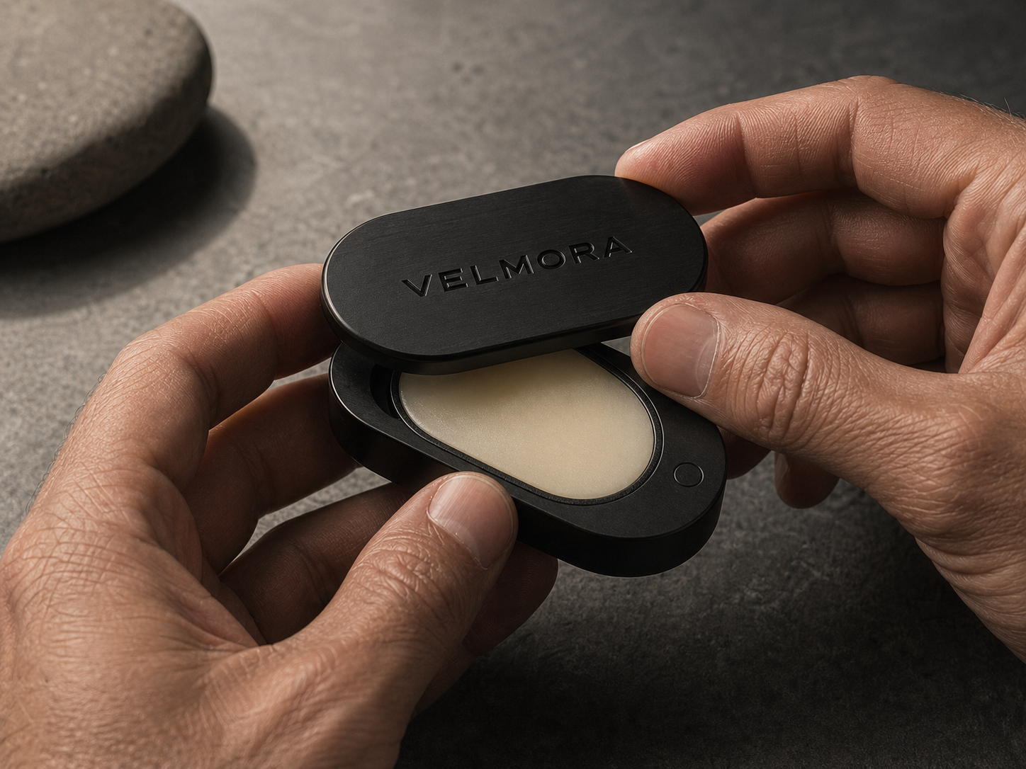 Main masculine ouvrant la capsule Velmora